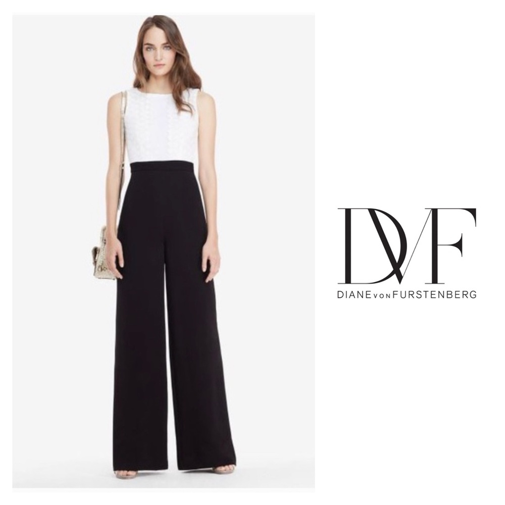 DVF Tuxedo Lace Black & White Wide Leg Jumpsuit